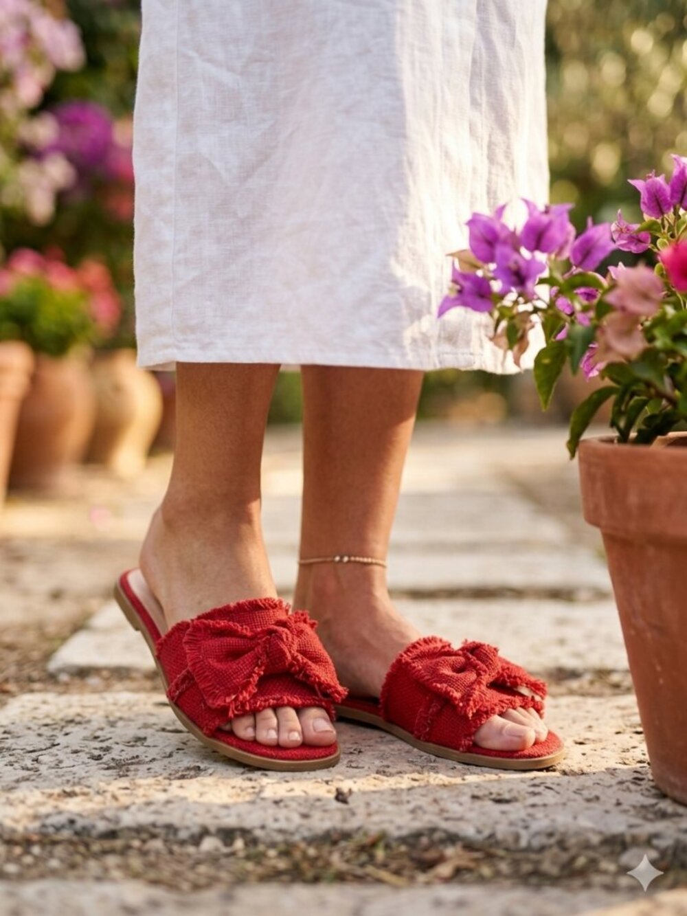Kelsi Dagger Revere Red Frayed Fabric Bow Slide Sandals - Women's